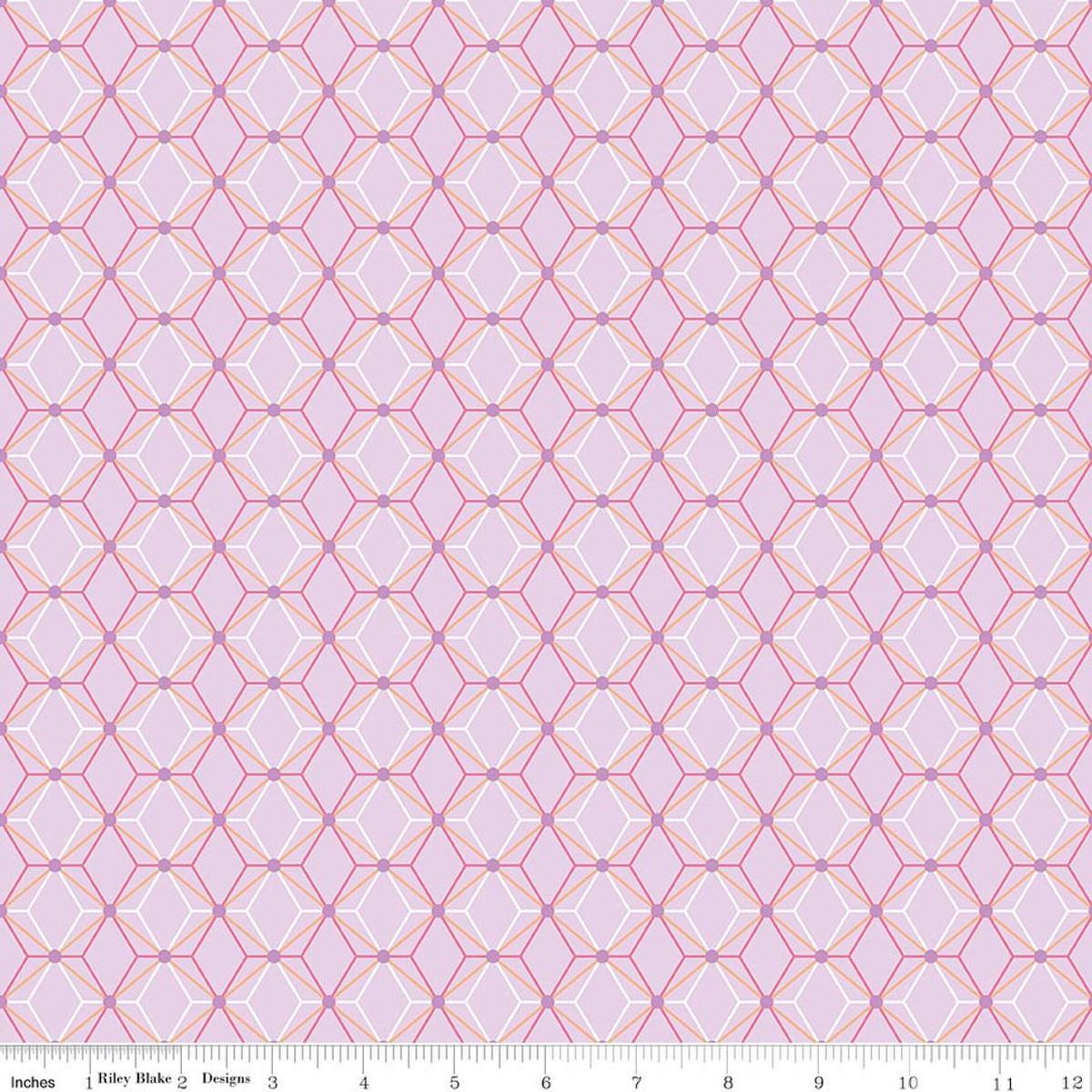 Image of Flourish Geometric Lilac quilting cotton fabric by Sue Daley for Riley Blake Designs. Features a geometric pattern on a purple background. Cute Little Fabric Shop.