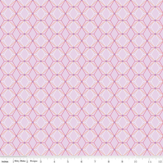 Image of Flourish Geometric Lilac quilting cotton fabric by Sue Daley for Riley Blake Designs. Features a geometric pattern on a purple background. Cute Little Fabric Shop.