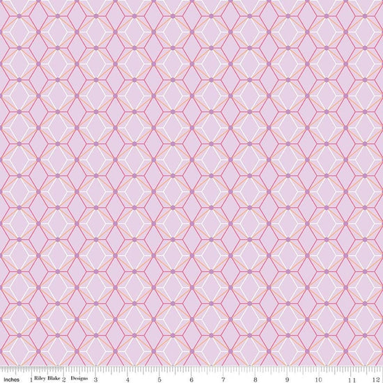 Image of Flourish Geometric Lilac quilting cotton fabric by Sue Daley for Riley Blake Designs. Features a geometric pattern on a purple background. Cute Little Fabric Shop.