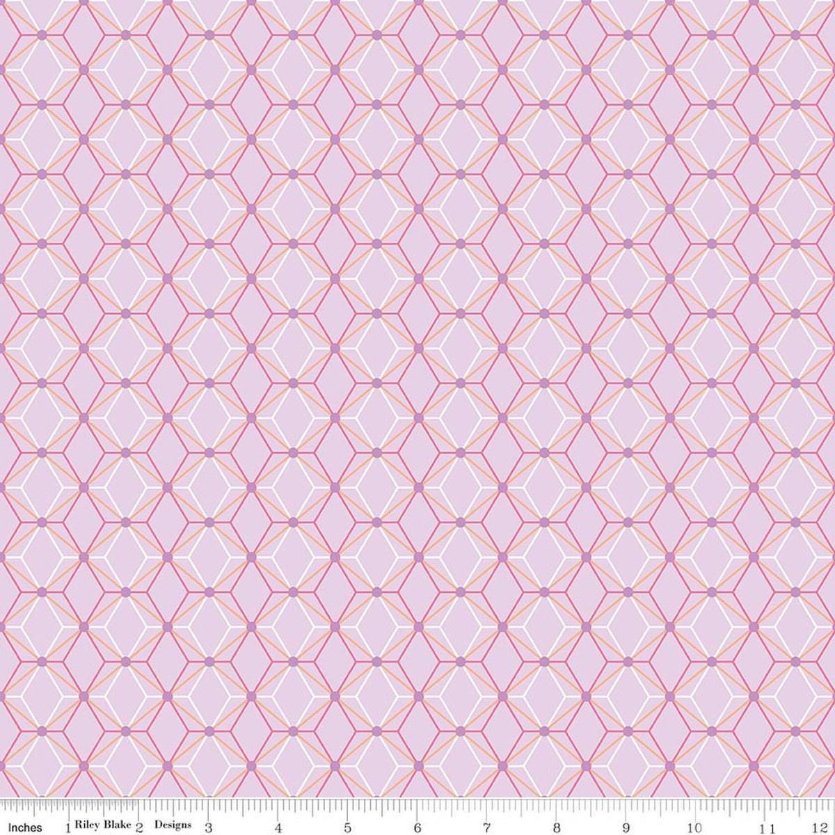 Image of Flourish Geometric Lilac quilting cotton fabric by Sue Daley for Riley Blake Designs. Features a geometric pattern on a purple background. Cute Little Fabric Shop.