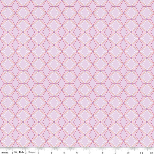 Image of Flourish Geometric Lilac quilting cotton fabric by Sue Daley for Riley Blake Designs. Features a geometric pattern on a purple background. Cute Little Fabric Shop.