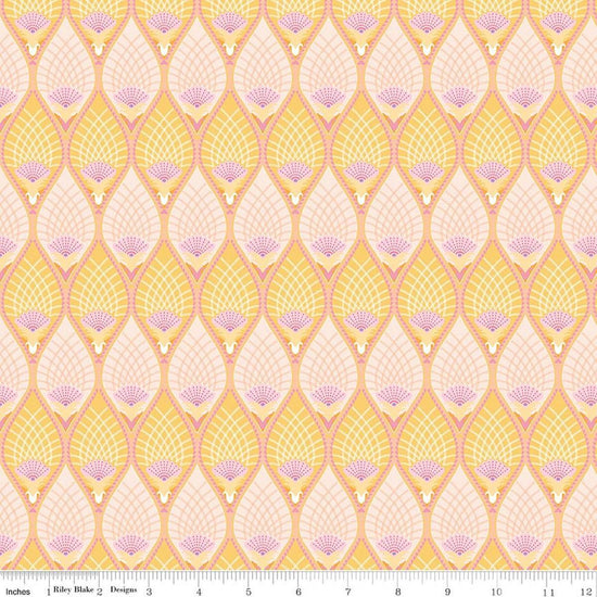 Image of Flourish Pineapple Lemon quilting cotton fabric by Sue Daley for Riley Blake Designs. Features a geometric pattern on a yellow background. Cute Little Fabric Shop.