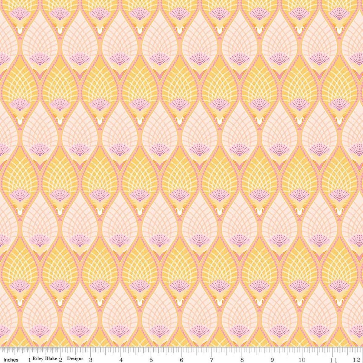 Image of Flourish Pineapple Lemon quilting cotton fabric by Sue Daley for Riley Blake Designs. Features a geometric pattern on a yellow background. Cute Little Fabric Shop.
