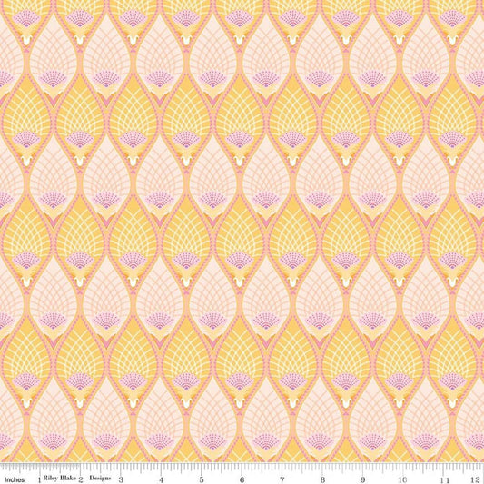 Image of Flourish Pineapple Lemon quilting cotton fabric by Sue Daley for Riley Blake Designs. Features a geometric pattern on a yellow background. Cute Little Fabric Shop.