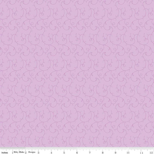 Image of Flourish Vines Lilac quilting cotton fabric by Sue Daley for Riley Blake Designs. Features leaves and vines on a purple background. Cute Little Fabric Shop.