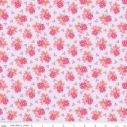 Image of Flourish Bouquet Lilac quilting cotton fabric by Sue Daley for Riley Blake Designs. Features flowers on a purple background. Cute Little Fabric Shop.