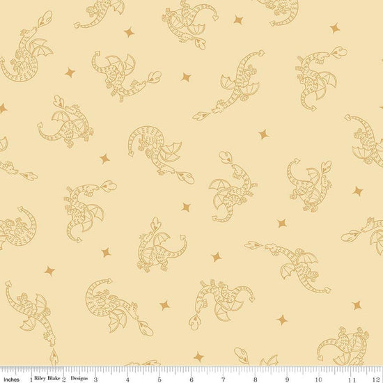 Image of Faraway Kingdom Dragon Flight Sunlight quilting cotton fabric by Natàlia Juan Abelló for Riley Blake Designs. Features dragons on a cream background. Cute Little Fabric Shop.