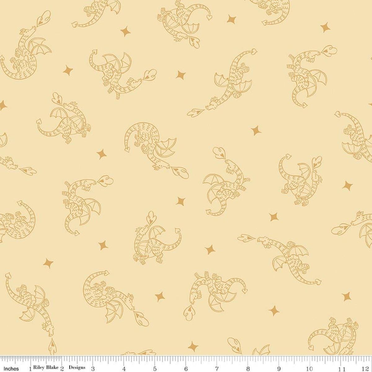 Image of Faraway Kingdom Dragon Flight Sunlight quilting cotton fabric by Natàlia Juan Abelló for Riley Blake Designs. Features dragons on a cream background. Cute Little Fabric Shop.