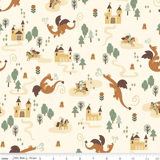 Image of Faraway Kingdom Main Sand quilting cotton fabric by Natàlia Juan Abelló for Riley Blake Designs. Features dragons and castles on a cream background. Cute Little Fabric Shop.