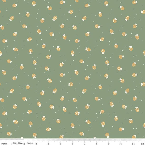 Image of Faraway Kingdom Mushroom Cheer Forest quilting cotton fabric by Natàlia Juan Abelló for Riley Blake Designs. Features mushrooms on a green background. Cute Little Fabric Shop.