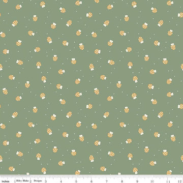 Image of Faraway Kingdom Mushroom Cheer Forest quilting cotton fabric by Natàlia Juan Abelló for Riley Blake Designs. Features mushrooms on a green background. Cute Little Fabric Shop.