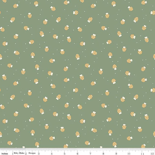 Image of Faraway Kingdom Mushroom Cheer Forest quilting cotton fabric by Natàlia Juan Abelló for Riley Blake Designs. Features mushrooms on a green background. Cute Little Fabric Shop.