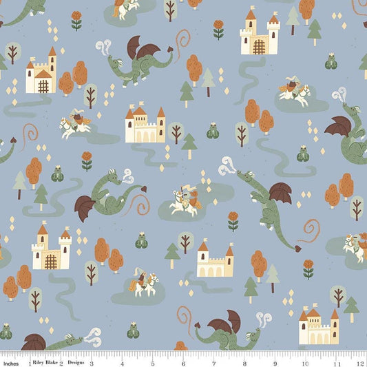 Image of Faraway Kingdom Main Sky quilting cotton fabric by Natàlia Juan Abelló for Riley Blake Designs. Features dragons and castles on a blue background. Cute Little Fabric Shop.