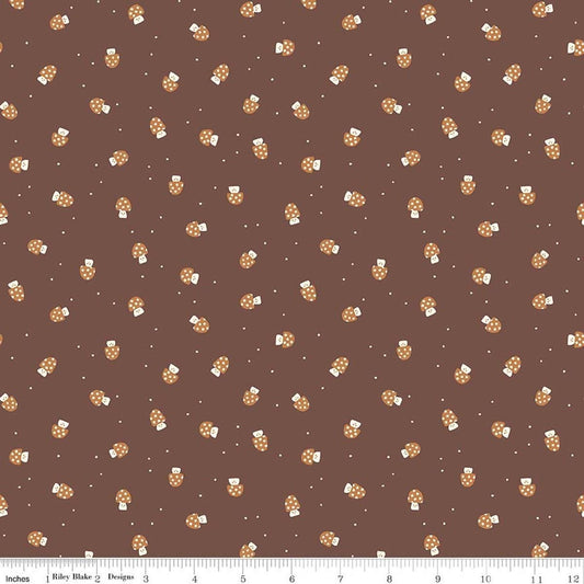 Image of Faraway Kingdom Mushroom Cheer Cocoa quilting cotton fabric by Natàlia Juan Abelló for Riley Blake Designs. Features mushrooms on a brown background. Cute Little Fabric Shop.