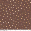 Image of Faraway Kingdom Mushroom Cheer Cocoa quilting cotton fabric by Natàlia Juan Abelló for Riley Blake Designs. Features mushrooms on a brown background. Cute Little Fabric Shop.