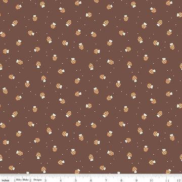 Image of Faraway Kingdom Mushroom Cheer Cocoa quilting cotton fabric by Natàlia Juan Abelló for Riley Blake Designs. Features mushrooms on a brown background. Cute Little Fabric Shop.