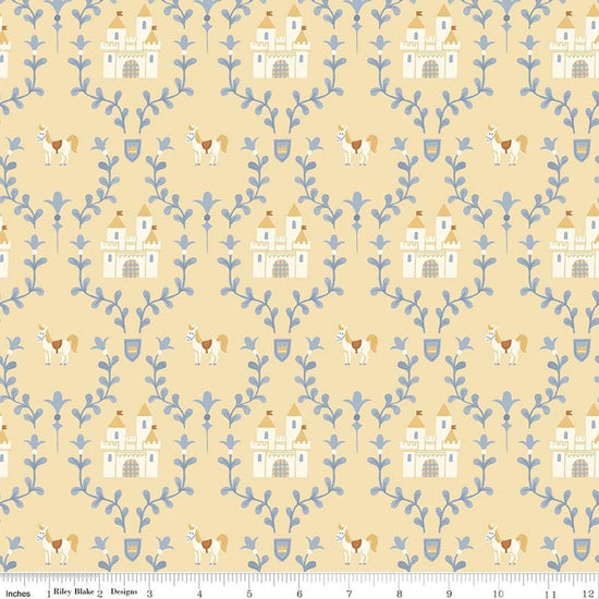 Image of Faraway Kingdom Enchanted Castle Sunlight quilting cotton fabric by Natàlia Juan Abelló for Riley Blake Designs. Features castles on a cream background. Cute Little Fabric Shop.