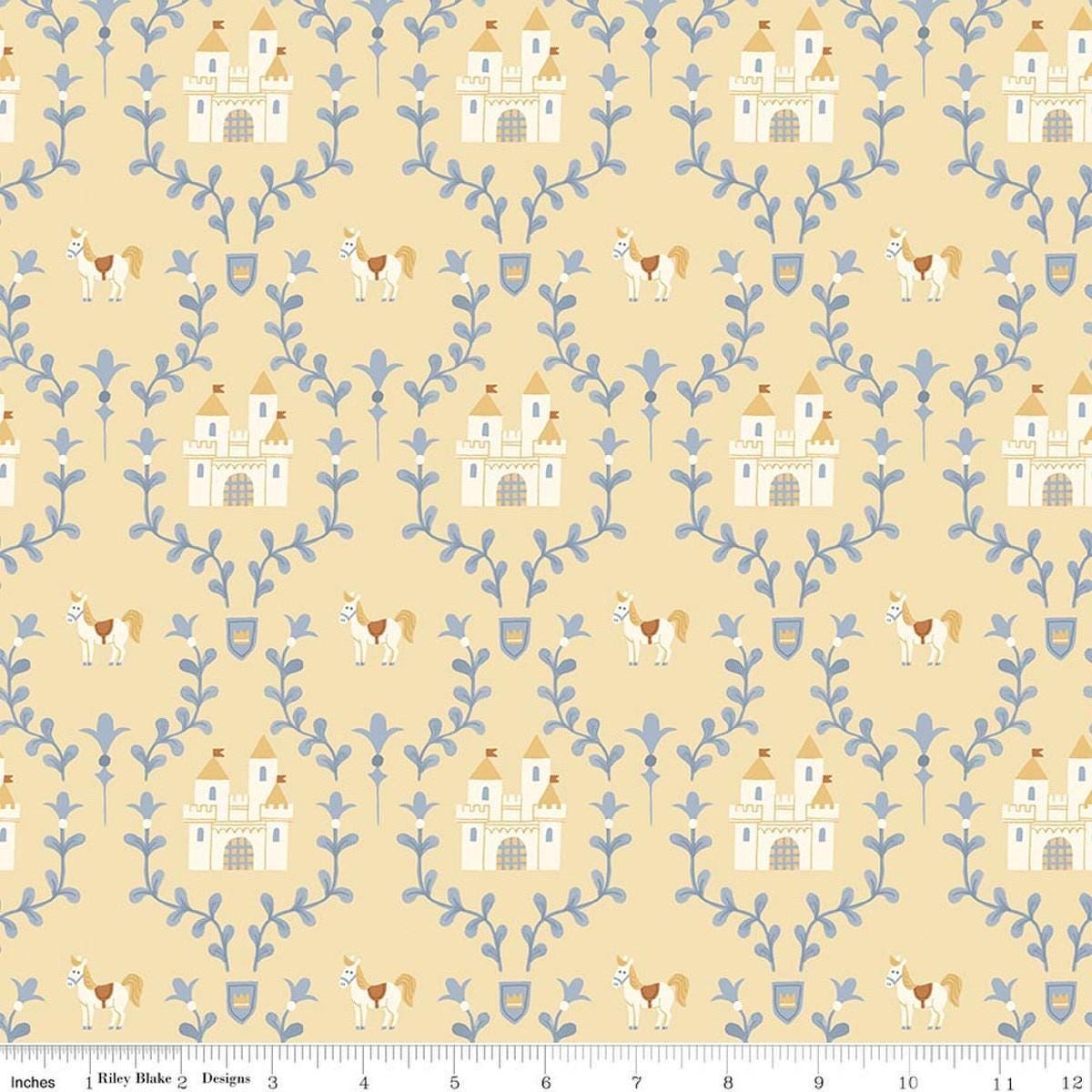 Image of Faraway Kingdom Enchanted Castle Sunlight quilting cotton fabric by Natàlia Juan Abelló for Riley Blake Designs. Features castles on a cream background. Cute Little Fabric Shop.