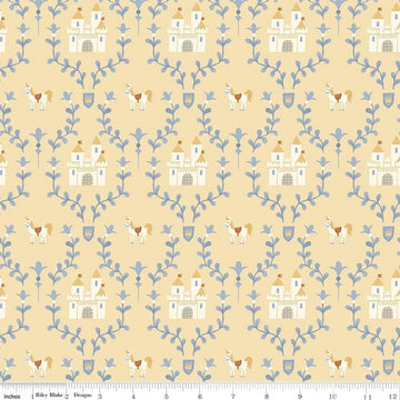Image of Faraway Kingdom Enchanted Castle Sunlight quilting cotton fabric by Natàlia Juan Abelló for Riley Blake Designs. Features castles on a cream background. Cute Little Fabric Shop.