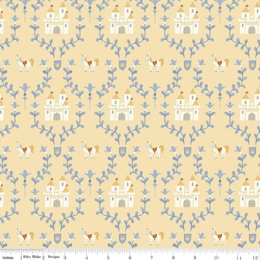 Image of Faraway Kingdom Enchanted Castle Sunlight quilting cotton fabric by Natàlia Juan Abelló for Riley Blake Designs. Features castles on a cream background. Cute Little Fabric Shop.