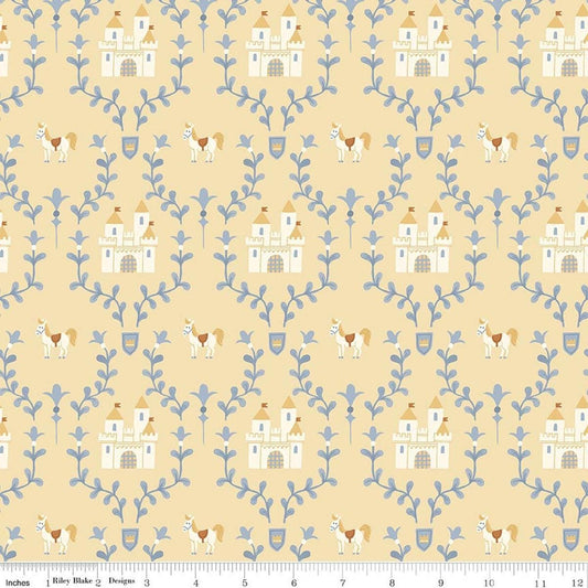 Image of Faraway Kingdom Enchanted Castle Sunlight quilting cotton fabric by Natàlia Juan Abelló for Riley Blake Designs. Features castles on a cream background. Cute Little Fabric Shop.