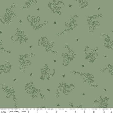 Image of Faraway Kingdom Dragon Flight Forest quilting cotton fabric by Natàlia Juan Abelló for Riley Blake Designs. Features dragons on a green background. Cute Little Fabric Shop.