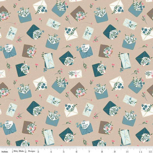 Image of Correspondence Letters Beach quilting cotton fabric by Beverly McCullough for Riley Blake Designs. Features letters on a brown background. Cute Little Fabric Shop.