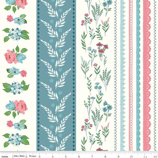 Image of Correspondence Wide Stripe Cloud quilting cotton fabric by Beverly McCullough for Riley Blake Designs. Features flowers on a white background. Cute Little Fabric Shop.