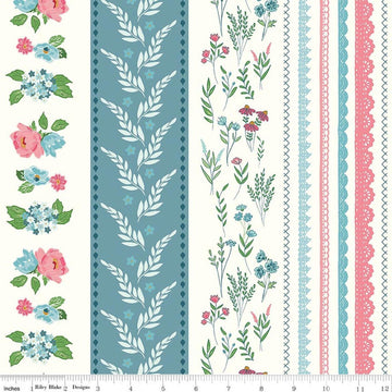 Image of Correspondence Wide Stripe Cloud quilting cotton fabric by Beverly McCullough for Riley Blake Designs. Features flowers on a white background. Cute Little Fabric Shop.