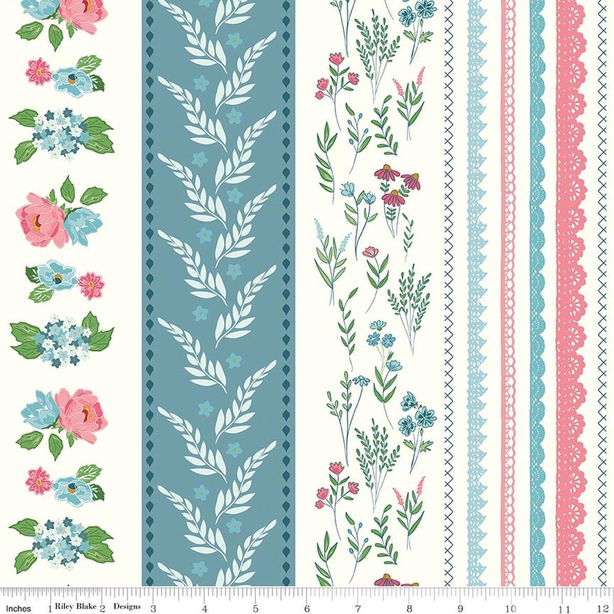 Image of Correspondence Wide Stripe Cloud quilting cotton fabric by Beverly McCullough for Riley Blake Designs. Features flowers on a white background. Cute Little Fabric Shop.