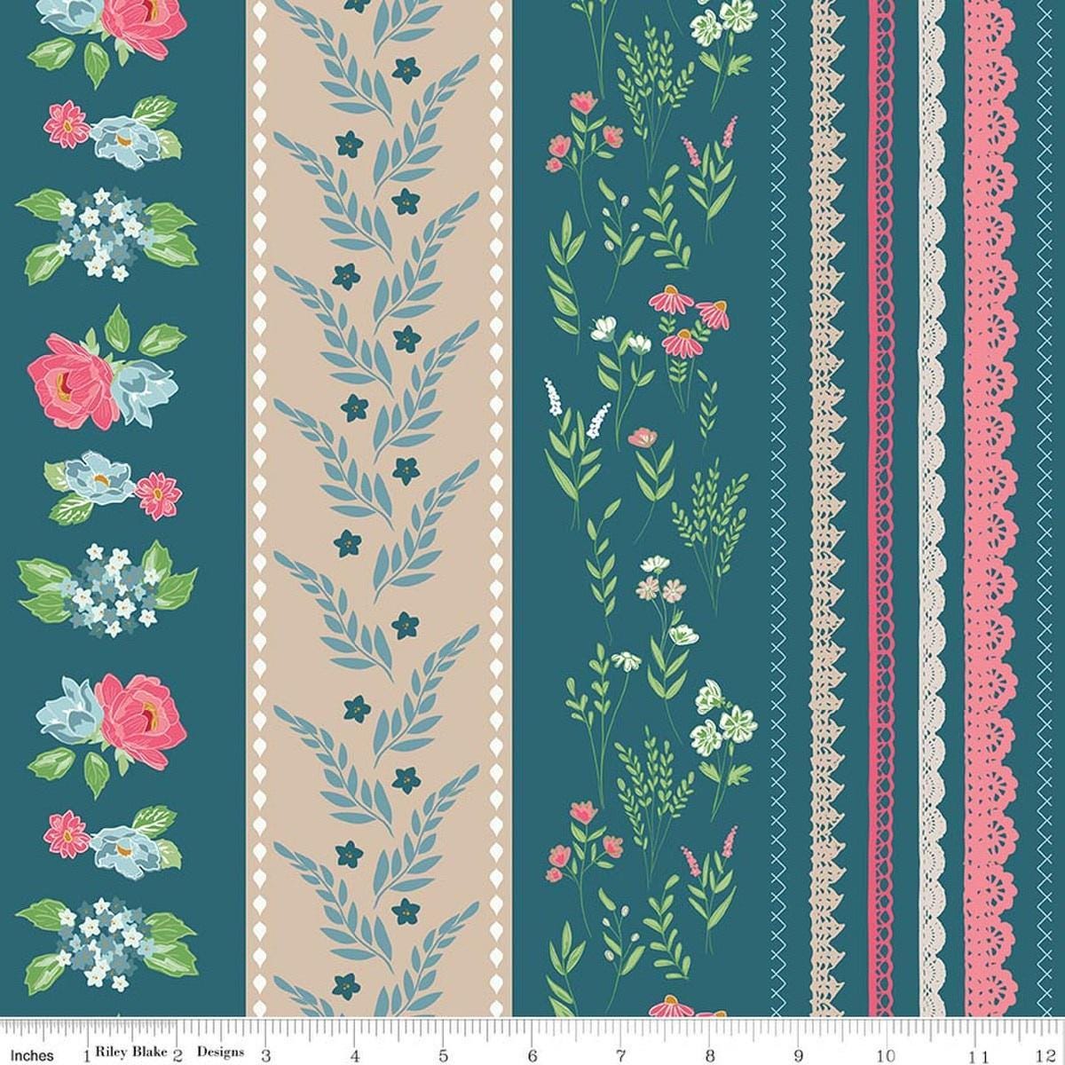 Image of Correspondence Wide Stripe Colonial Blue quilting cotton fabric by Beverly McCullough for Riley Blake Designs. Features stripes on a blue background. Cute Little Fabric Shop.