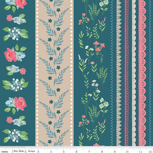 Image of Correspondence Wide Stripe Colonial Blue quilting cotton fabric by Beverly McCullough for Riley Blake Designs. Features stripes on a blue background. Cute Little Fabric Shop.