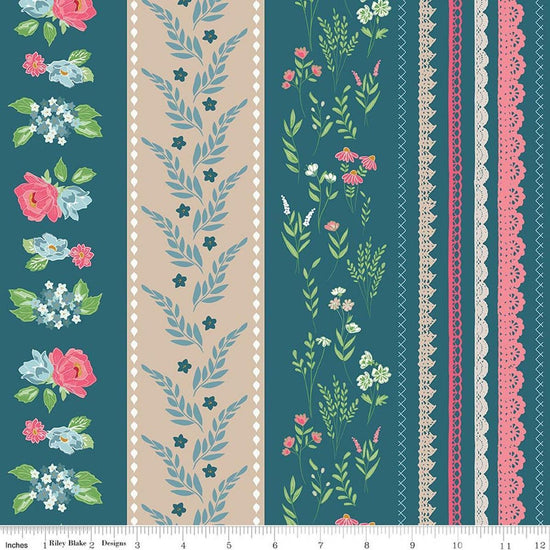 Image of Correspondence Wide Stripe Colonial Blue quilting cotton fabric by Beverly McCullough for Riley Blake Designs. Features stripes on a blue background. Cute Little Fabric Shop.
