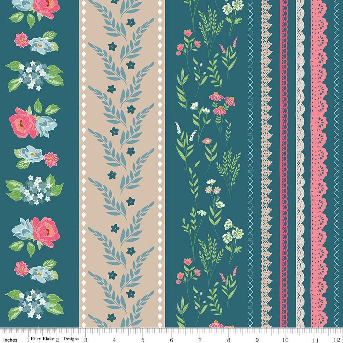 Image of Correspondence Wide Stripe Colonial Blue quilting cotton fabric by Beverly McCullough for Riley Blake Designs. Features stripes on a blue background. Cute Little Fabric Shop.