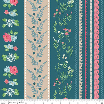 Image of Correspondence Wide Stripe Colonial Blue quilting cotton fabric by Beverly McCullough for Riley Blake Designs. Features stripes on a blue background. Cute Little Fabric Shop.