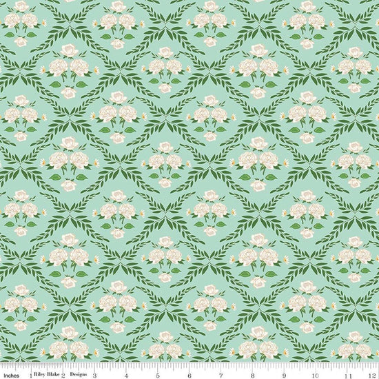 Image of Correspondence Trellis Damask Mint quilting cotton fabric by Beverly McCullough for Riley Blake Designs. Features flowers on a green background. Cute Little Fabric Shop.