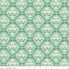 Image of Correspondence Trellis Damask Mint quilting cotton fabric by Beverly McCullough for Riley Blake Designs. Features flowers on a green background. Cute Little Fabric Shop.