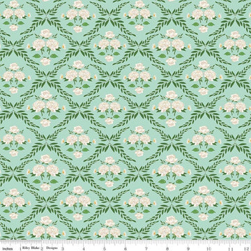 Image of Correspondence Trellis Damask Mint quilting cotton fabric by Beverly McCullough for Riley Blake Designs. Features flowers on a green background. Cute Little Fabric Shop.