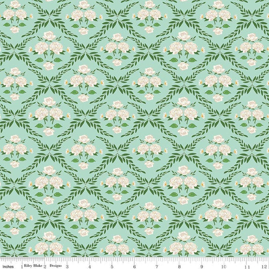 Image of Correspondence Trellis Damask Mint quilting cotton fabric by Beverly McCullough for Riley Blake Designs. Features flowers on a green background. Cute Little Fabric Shop.