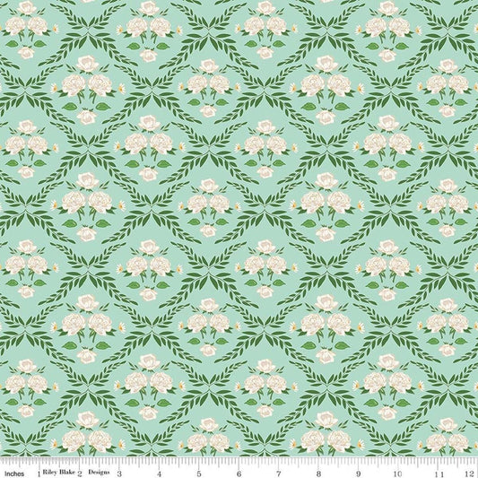 Image of Correspondence Trellis Damask Mint quilting cotton fabric by Beverly McCullough for Riley Blake Designs. Features flowers on a green background. Cute Little Fabric Shop.
