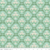 Image of Correspondence Trellis Damask Mint quilting cotton fabric by Beverly McCullough for Riley Blake Designs. Features flowers on a green background. Cute Little Fabric Shop.