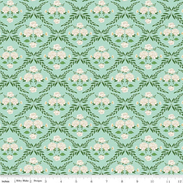 Image of Correspondence Trellis Damask Mint quilting cotton fabric by Beverly McCullough for Riley Blake Designs. Features flowers on a green background. Cute Little Fabric Shop.