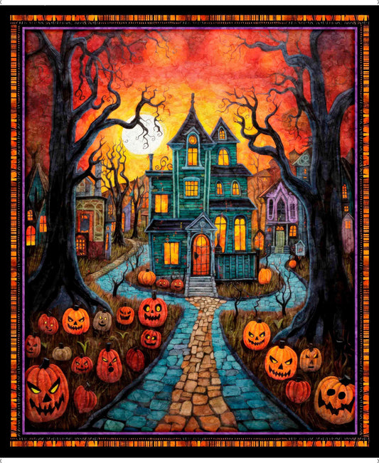 Creepin' It Real Haunted House Panel Multi Orange Halloween Fabric - 30384 - QT Fabrics Quilting Cotton Fabric