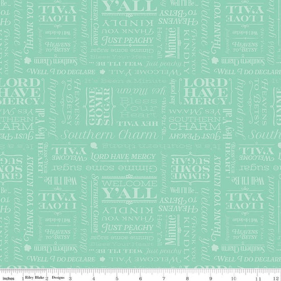 Image of Southern Charm Text Mint quilting cotton fabric by The RBD Designers for Riley Blake Designs. Features words on a green background. Cute Little Fabric Shop.