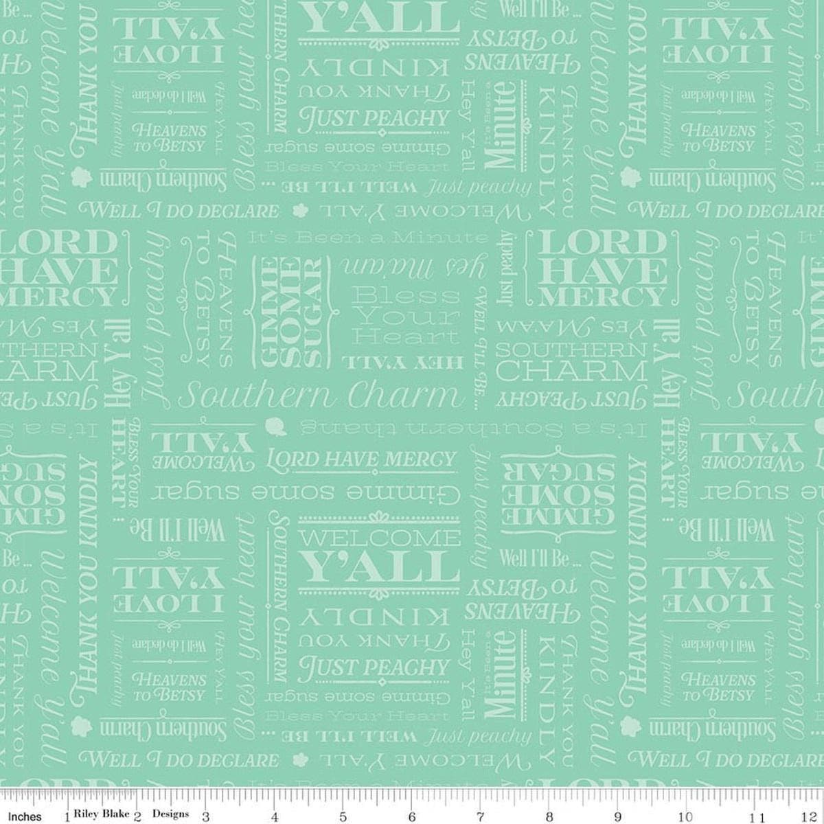 Image of Southern Charm Text Mint quilting cotton fabric by The RBD Designers for Riley Blake Designs. Features words on a green background. Cute Little Fabric Shop.