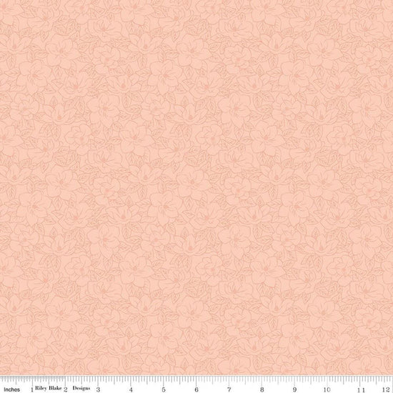 Image of Southern Charm Magnolia Tonal Peaches 'n Cream quilting cotton fabric by The RBD Designers for Riley Blake Designs. Features flowers on a pink background. Cute Little Fabric Shop.