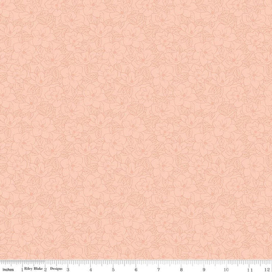 Image of Southern Charm Magnolia Tonal Peaches 'n Cream quilting cotton fabric by The RBD Designers for Riley Blake Designs. Features flowers on a pink background. Cute Little Fabric Shop.