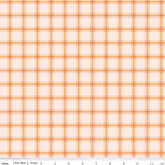Image of Southern Charm Gingham Pink quilting cotton fabric by The RBD Designers for Riley Blake Designs. Features gingham on an orange background. Cute Little Fabric Shop.