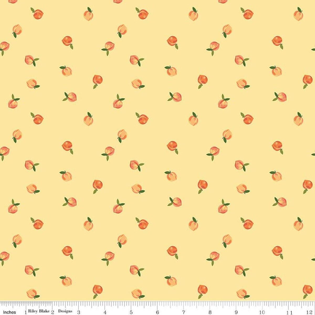 Image of Southern Charm Peaches Yellow quilting cotton fabric by The RBD Designers for Riley Blake Designs. Features peaches on a yellow background. Cute Little Fabric Shop.