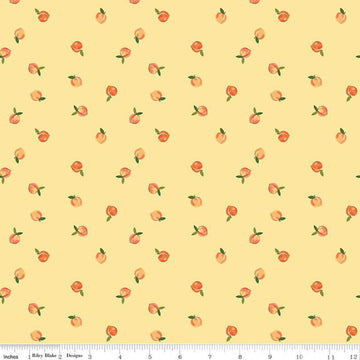 Image of Southern Charm Peaches Yellow quilting cotton fabric by The RBD Designers for Riley Blake Designs. Features peaches on a yellow background. Cute Little Fabric Shop.